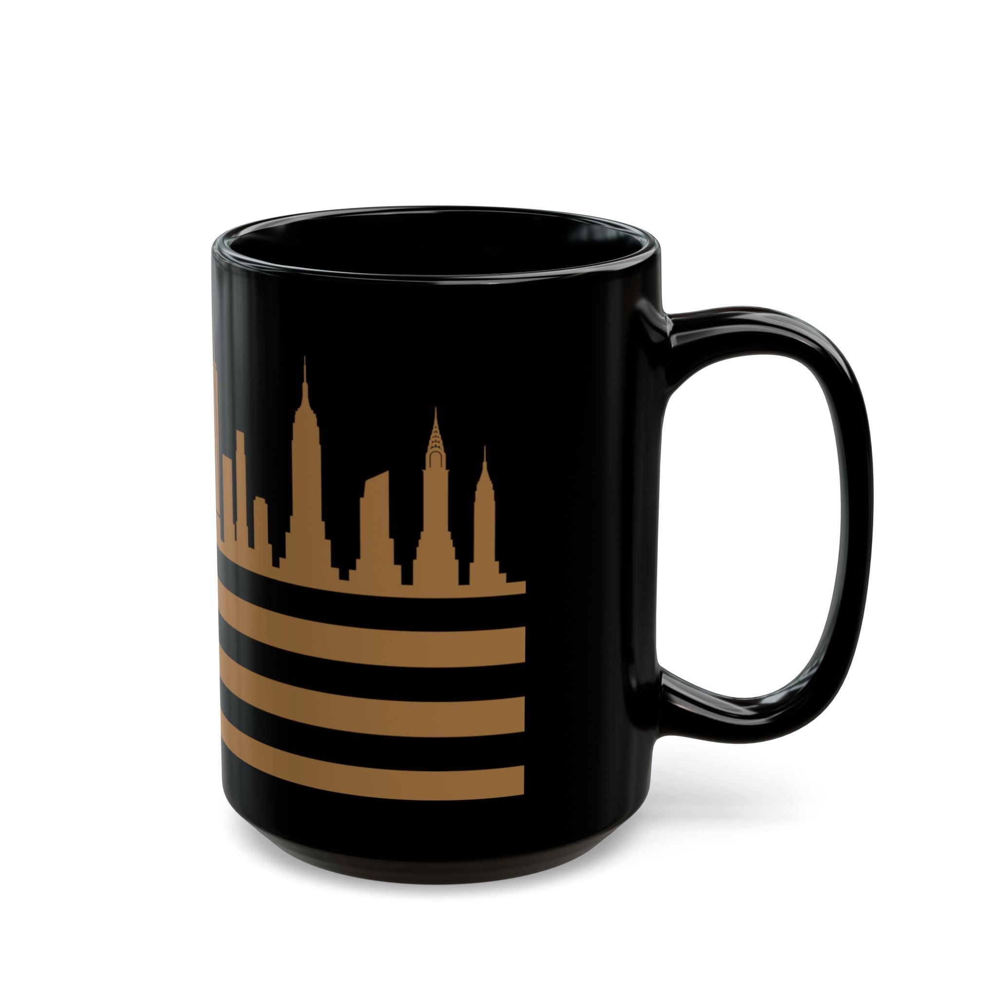 New York Skyline Flag Mug — Black & Gold Cityscape Coffee Cup