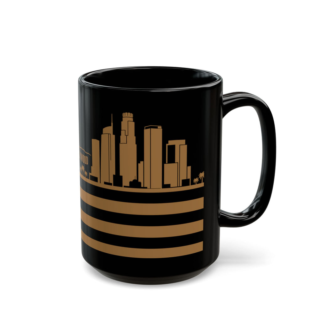 Los Angeles Skyline Flag Mug — Black & Gold Cityscape Coffee Cup
