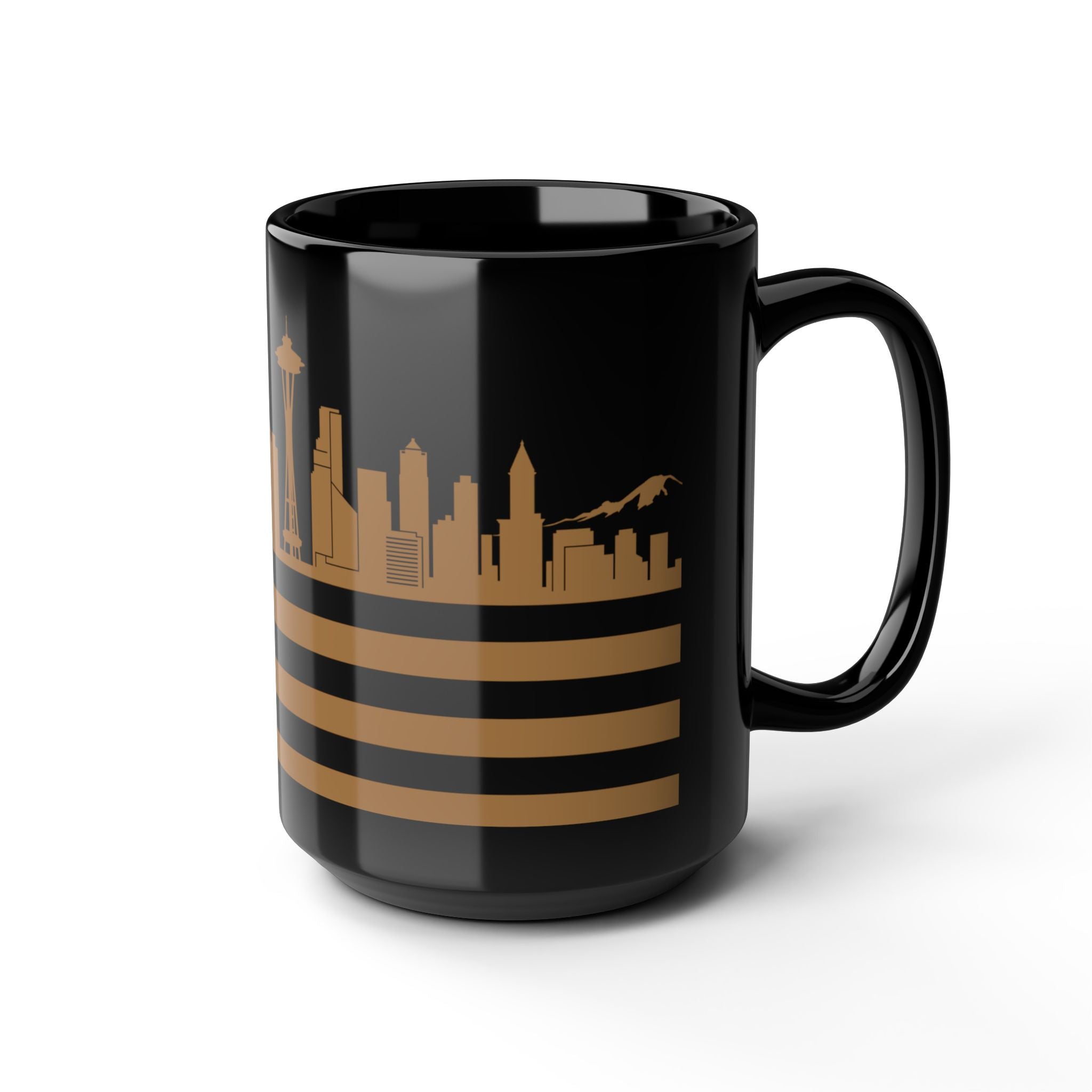 Seattle Skyline Flag Mug — Black & Gold Cityscape Coffee Cup