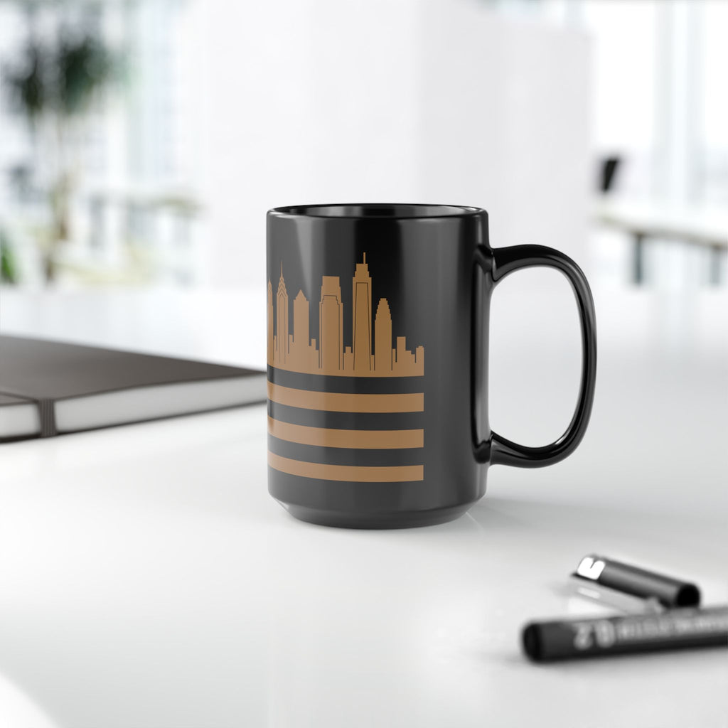 Philadelphia Skyline Flag Mug — Black & Gold Cityscape Coffee Cup
