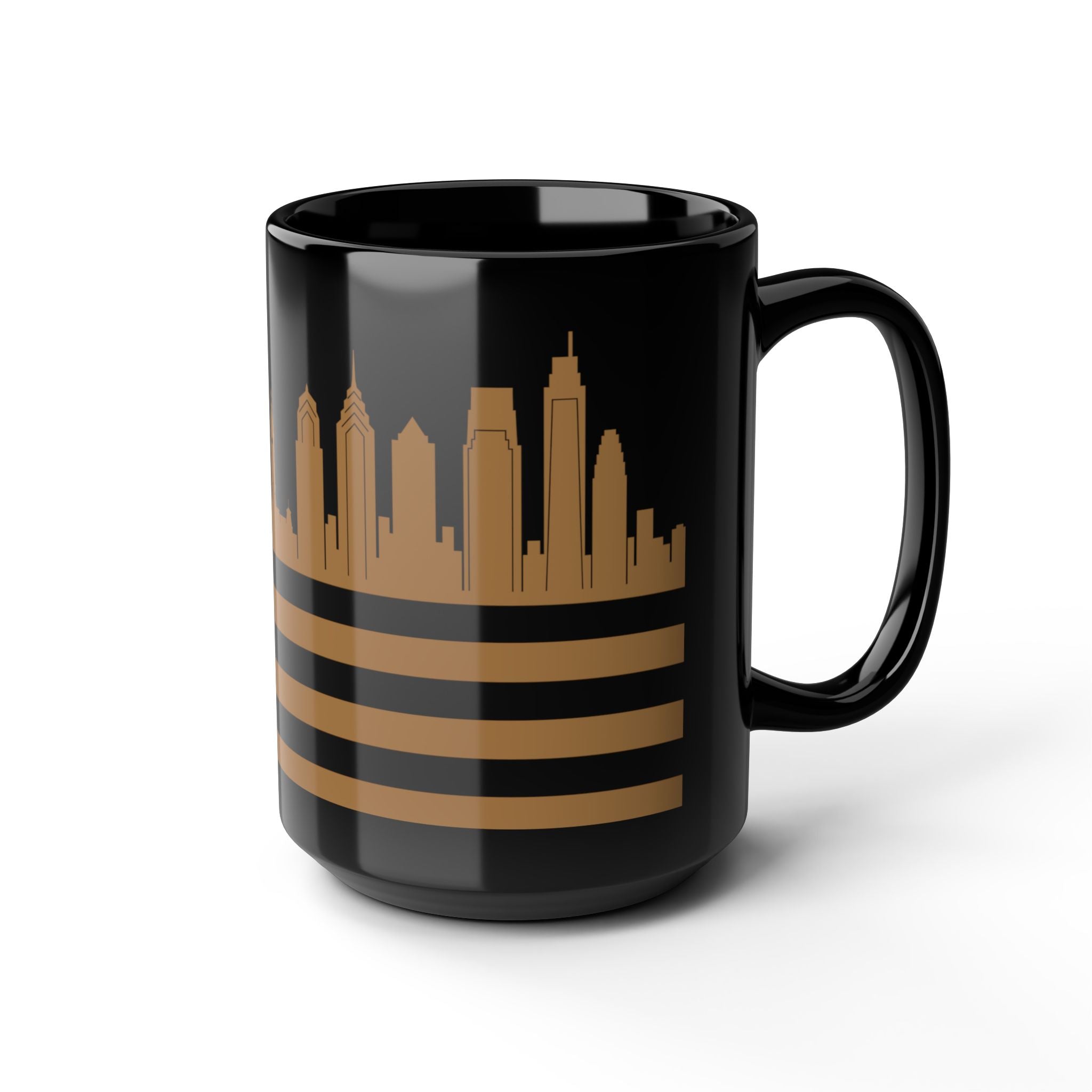 Philadelphia Skyline Flag Mug — Black & Gold Cityscape Coffee Cup