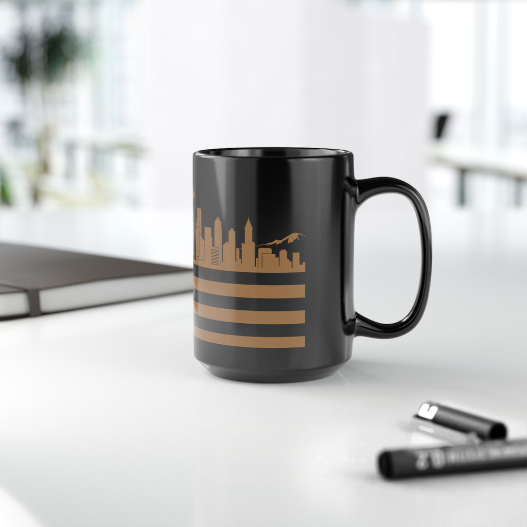 Seattle Skyline Flag Mug — Black & Gold Cityscape Coffee Cup