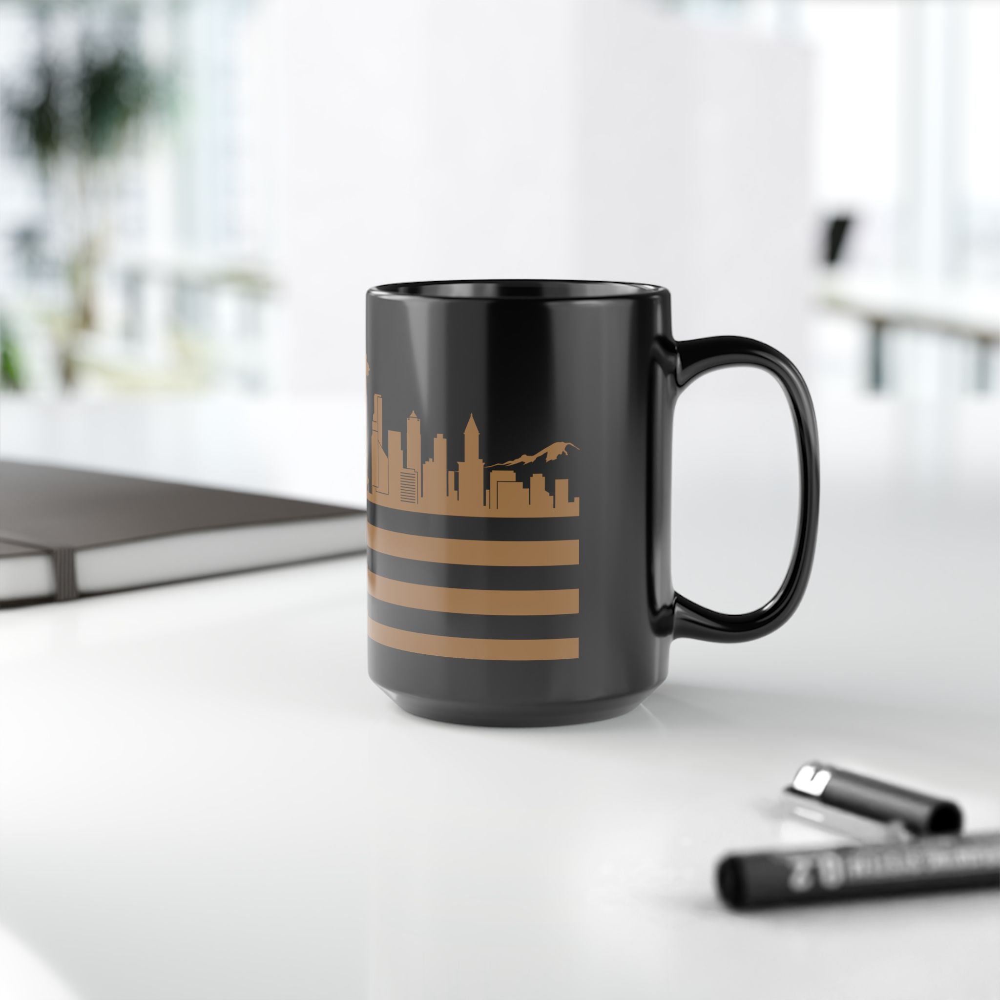 Seattle Skyline Flag Mug — Black & Gold Cityscape Coffee Cup
