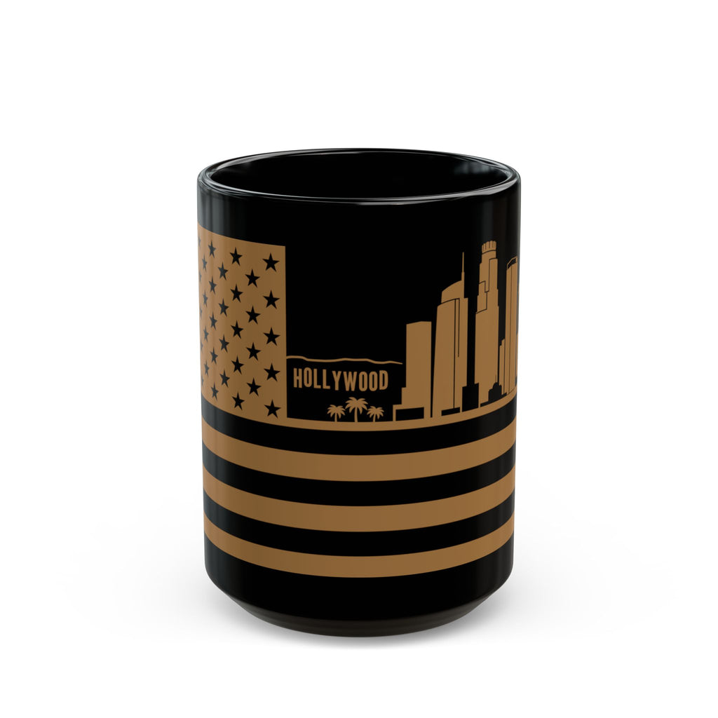 Los Angeles Skyline Flag Mug — Black & Gold Cityscape Coffee Cup