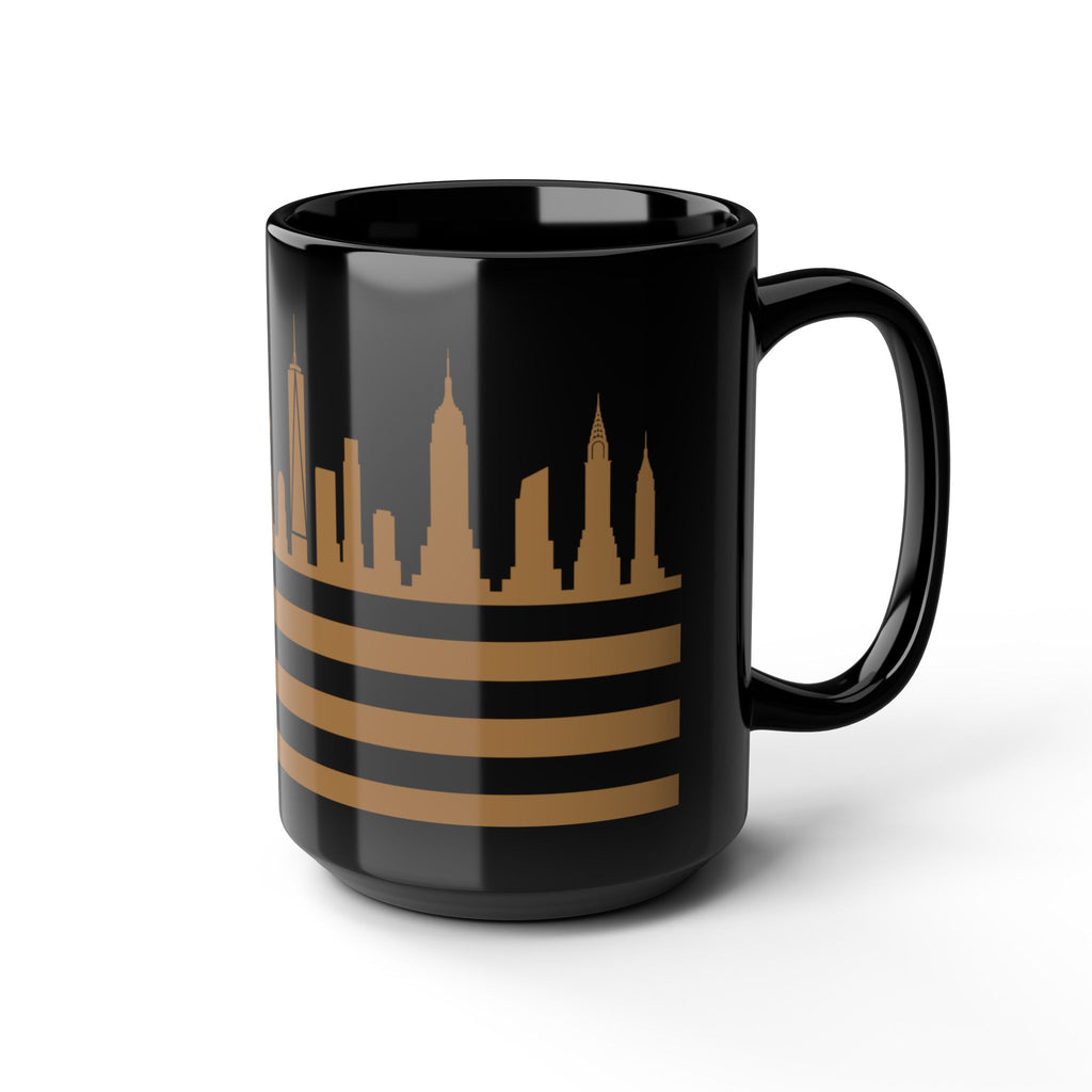 New York Skyline Flag Mug — Black & Gold Cityscape Coffee Cup