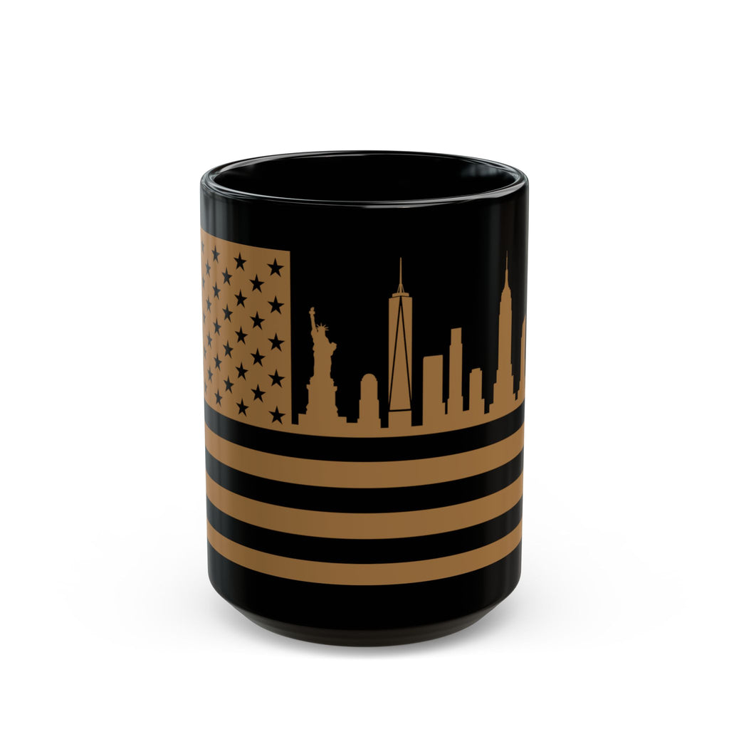 New York Skyline Flag Mug — Black & Gold Cityscape Coffee Cup