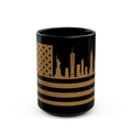 New York Skyline Flag Mug — Black & Gold Cityscape Coffee Cup