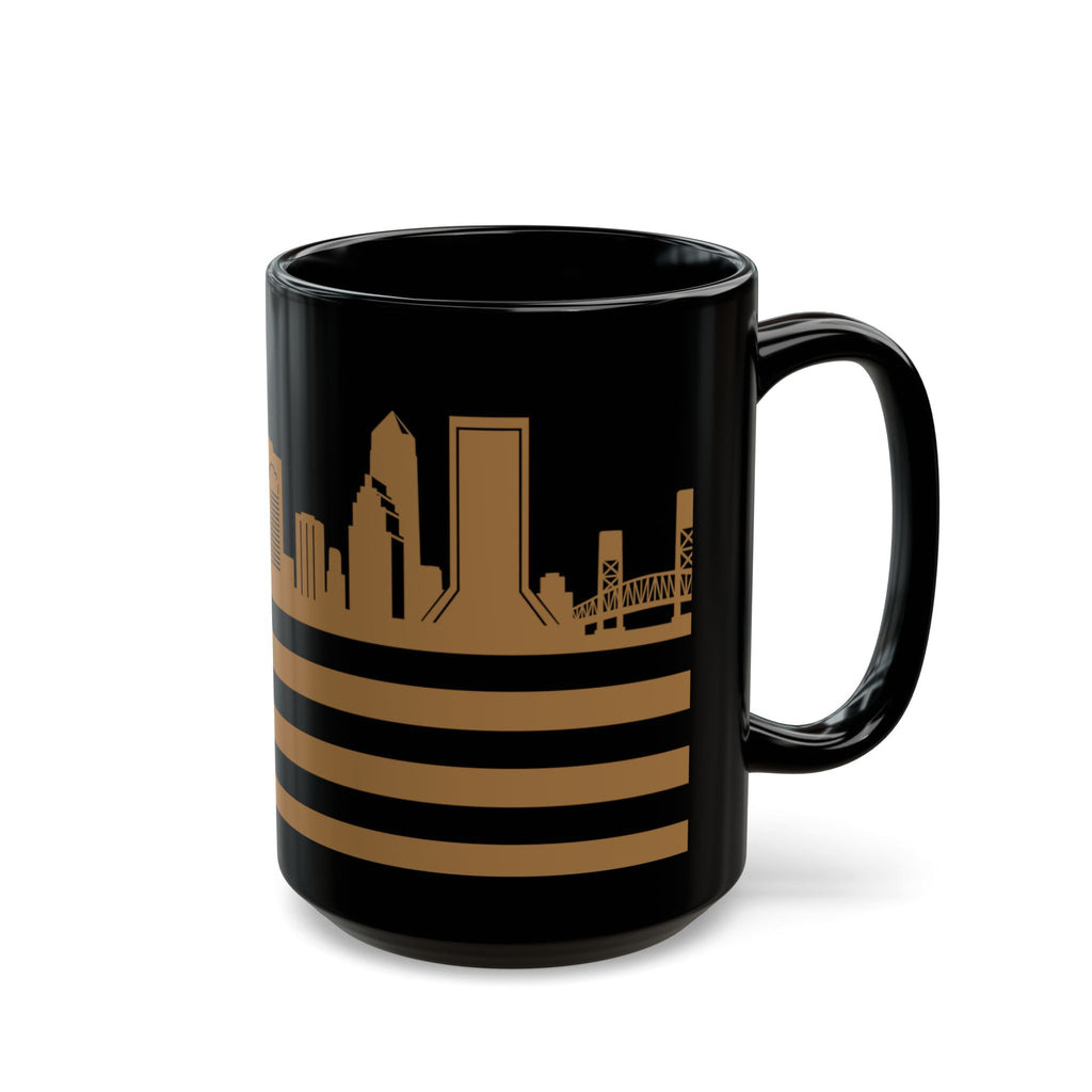 Jacksonville Skyline Flag Mug — Black & Gold Cityscape Coffee Cup