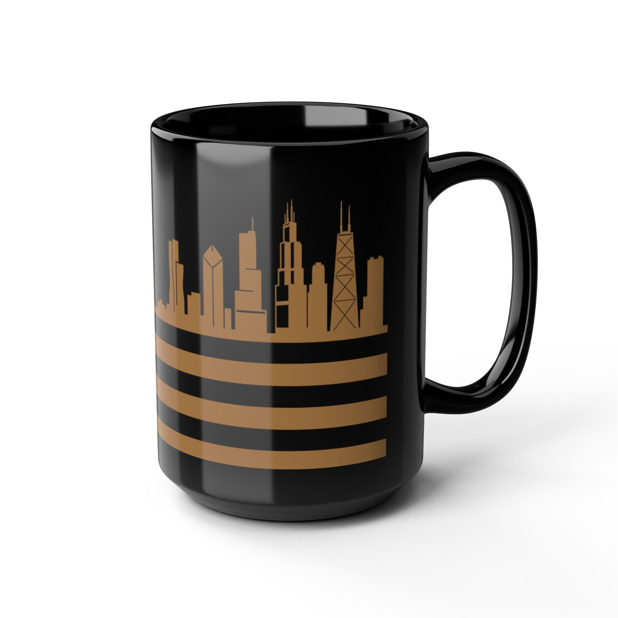 Chicago Skyline Flag Mug — Black & Gold Cityscape Coffee Cup