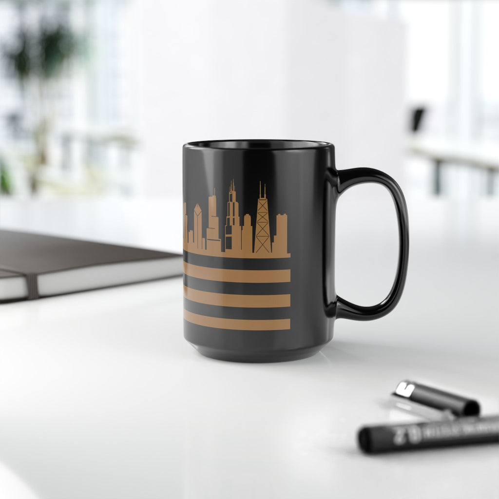 Chicago Skyline Flag Mug — Black & Gold Cityscape Coffee Cup