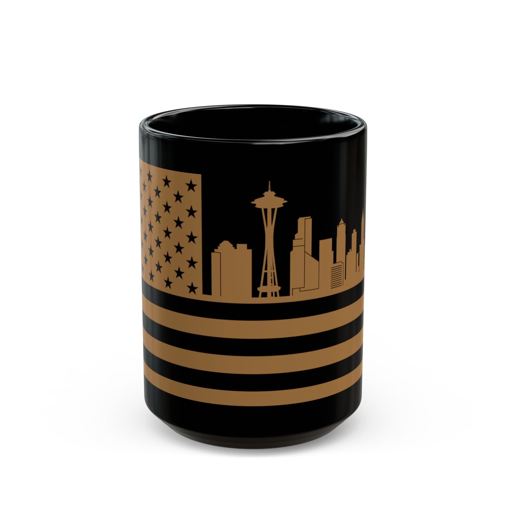 Seattle Skyline Flag Mug — Black & Gold Cityscape Coffee Cup