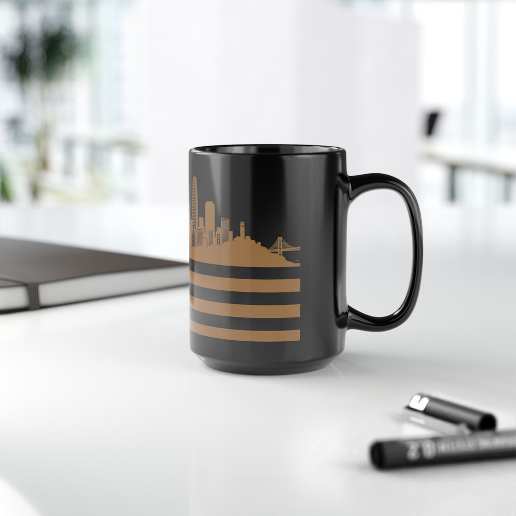 San Francisco Skyline Flag Mug — Black & Gold Cityscape Coffee Cup