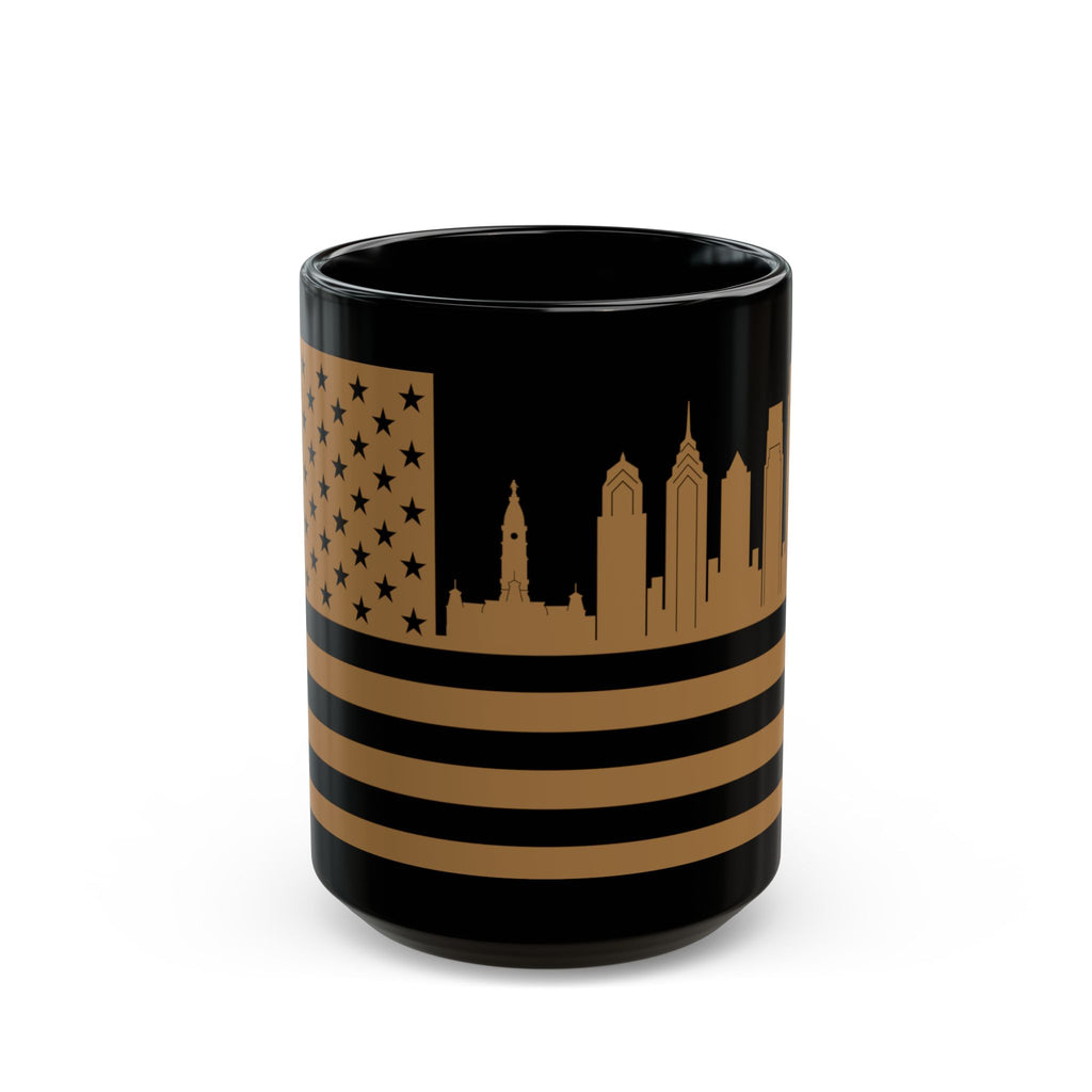 Philadelphia Skyline Flag Mug — Black & Gold Cityscape Coffee Cup