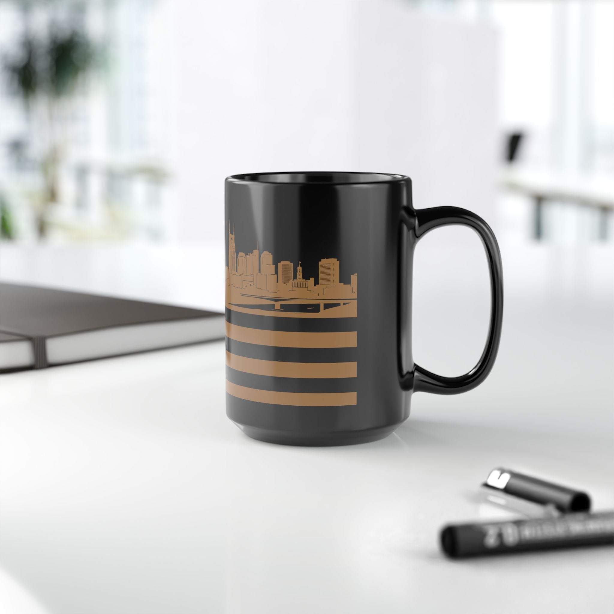 Nashville Skyline Flag Mug — Black & Gold Cityscape Coffee Cup