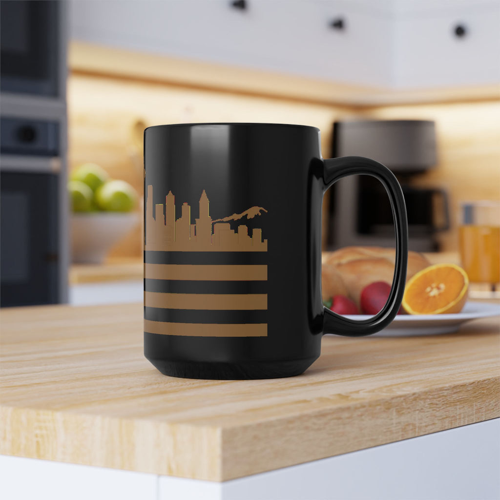 Seattle Skyline Flag Mug — Black & Gold Cityscape Coffee Cup