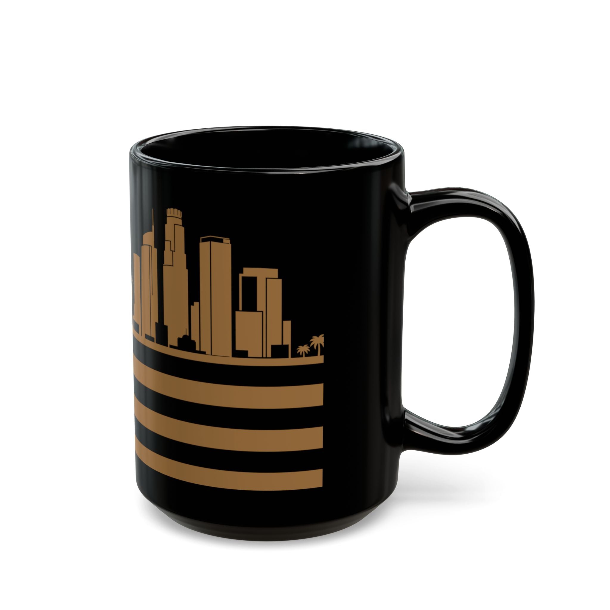 Los Angeles Skyline Flag Mug — Black & Gold Cityscape Coffee Cup
