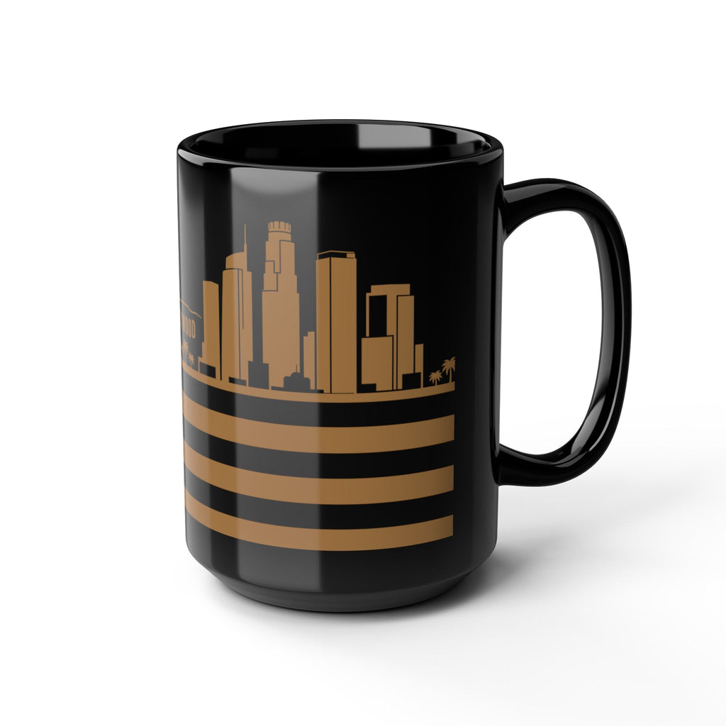 Los Angeles Skyline Flag Mug — Black & Gold Cityscape Coffee Cup