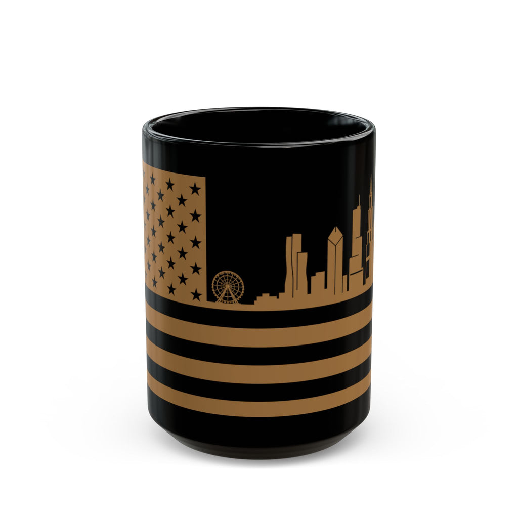 Chicago Skyline Flag Mug — Black & Gold Cityscape Coffee Cup