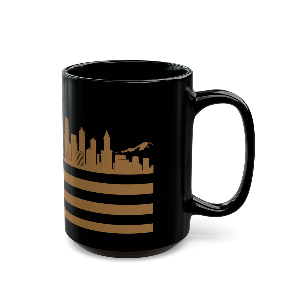 Seattle Skyline Flag Mug — Black & Gold Cityscape Coffee Cup