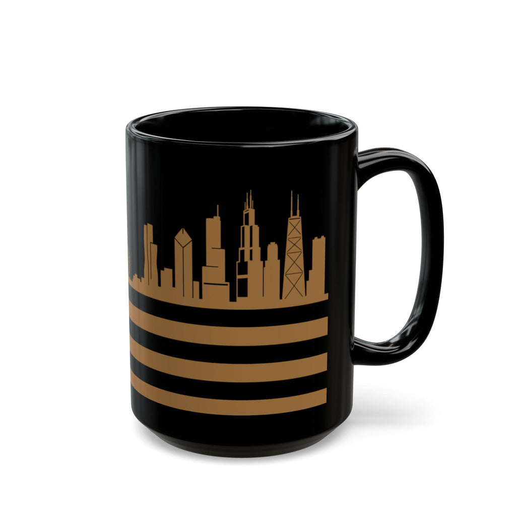 Chicago Skyline Flag Mug — Black & Gold Cityscape Coffee Cup