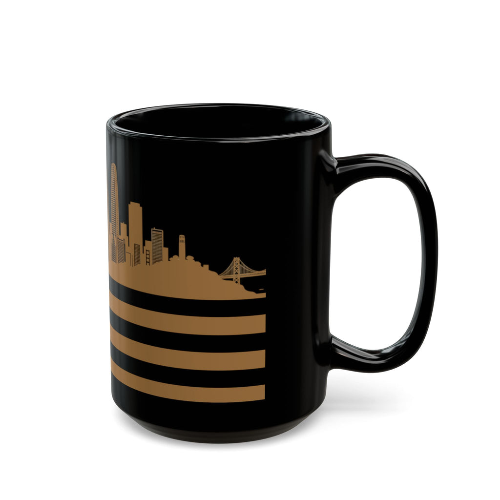 San Francisco Skyline Flag Mug — Black & Gold Cityscape Coffee Cup
