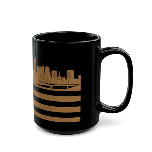 Nashville Skyline Flag Mug — Black & Gold Cityscape Coffee Cup