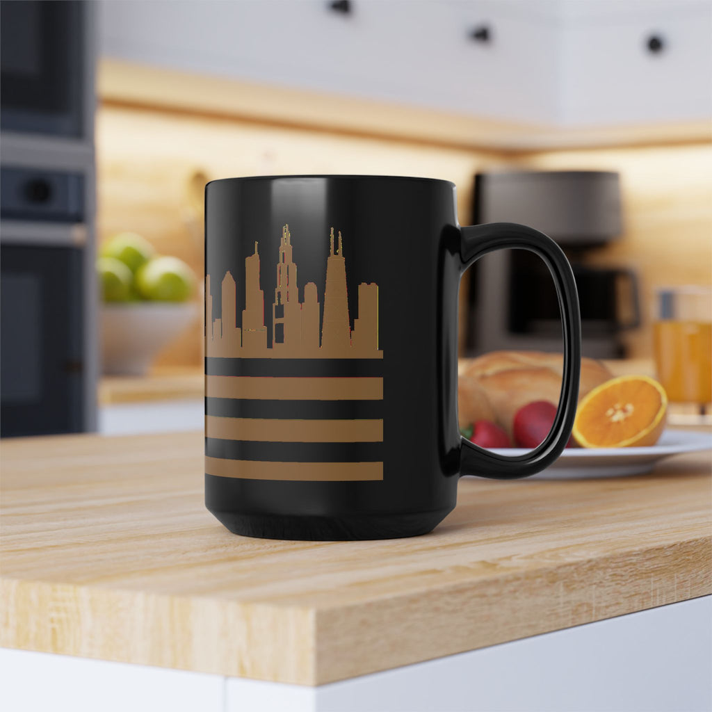 Chicago Skyline Flag Mug — Black & Gold Cityscape Coffee Cup