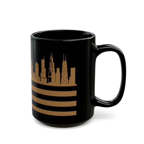 Chicago Skyline Flag Mug — Black & Gold Cityscape Coffee Cup