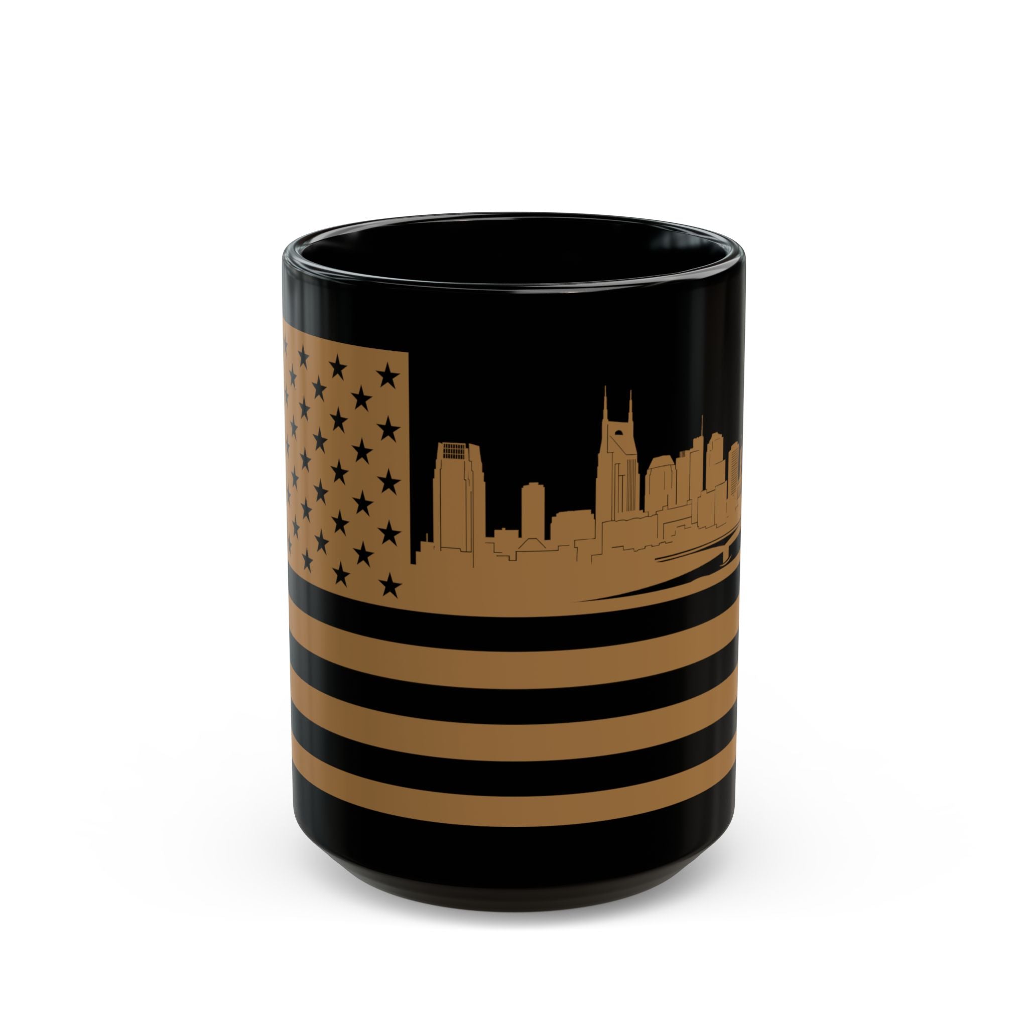 Nashville Skyline Flag Mug — Black & Gold Cityscape Coffee Cup