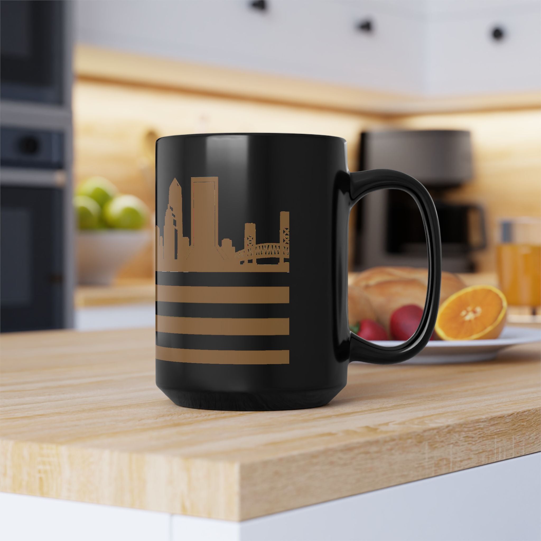 Jacksonville Skyline Flag Mug — Black & Gold Cityscape Coffee Cup