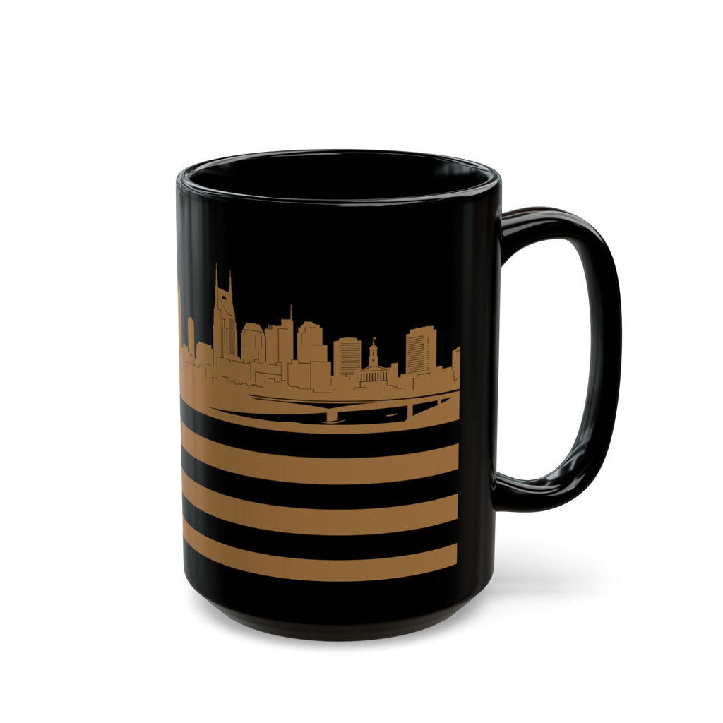 Nashville Skyline Flag Mug — Black & Gold Cityscape Coffee Cup