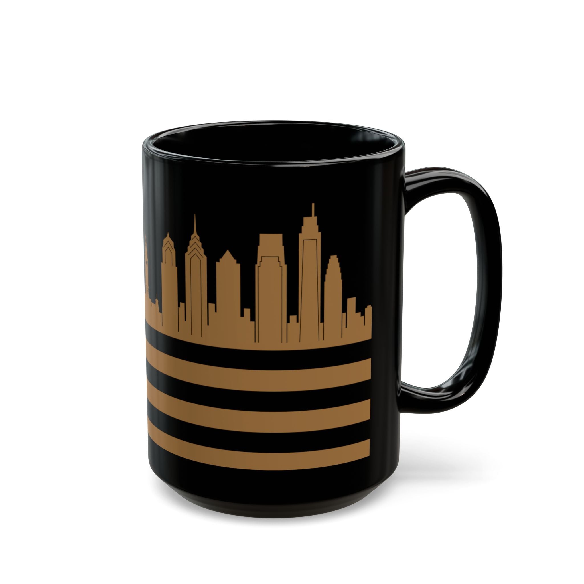 Philadelphia Skyline Flag Mug — Black & Gold Cityscape Coffee Cup