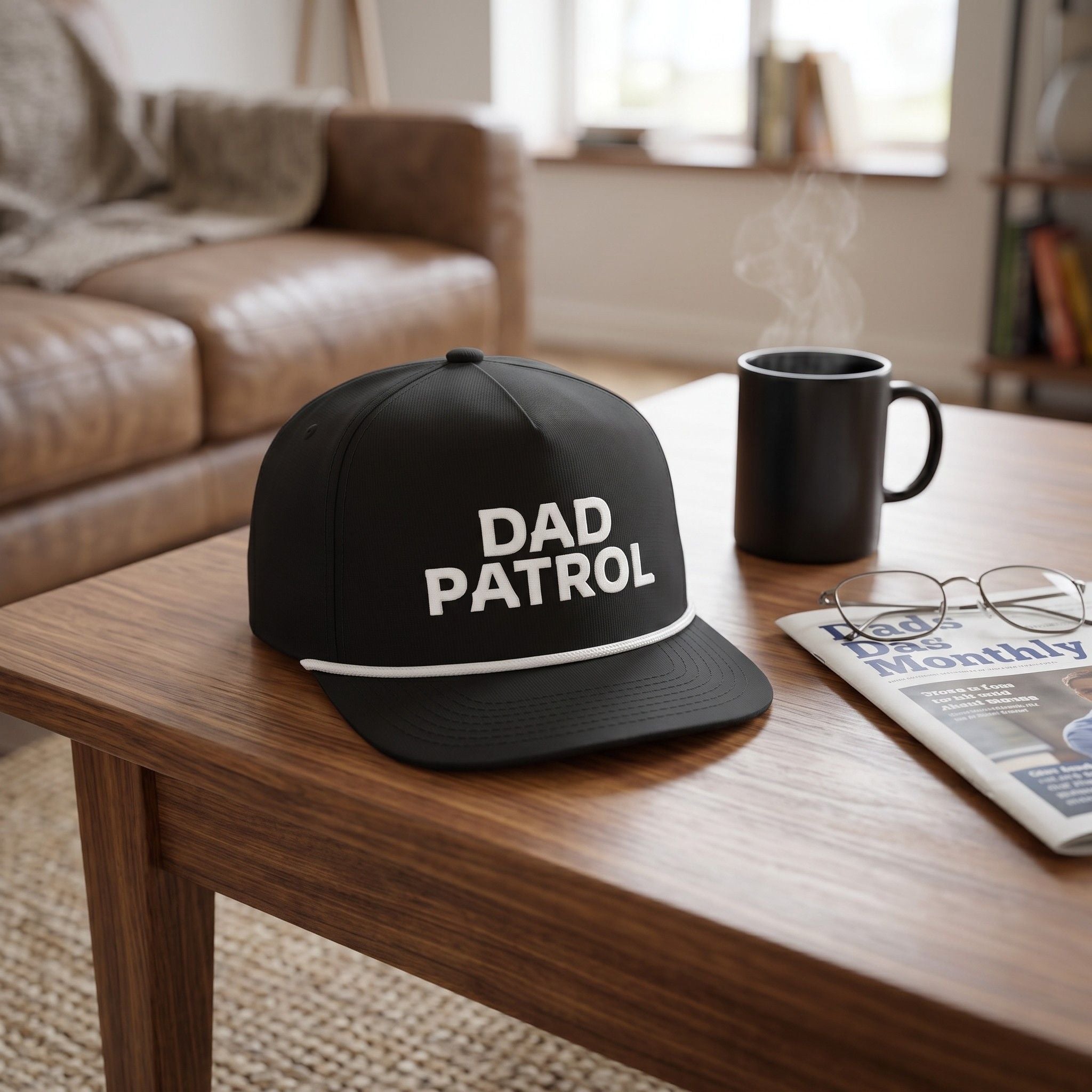 Image of a black hat with Dad Patrol embroidery on a table