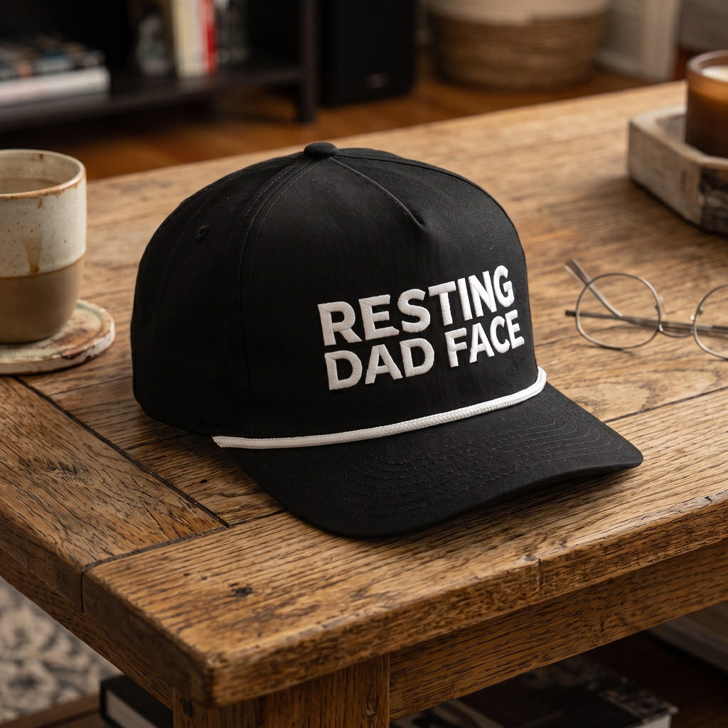 Image of a black cap with Resting Dad Face embroidery on a coffee table