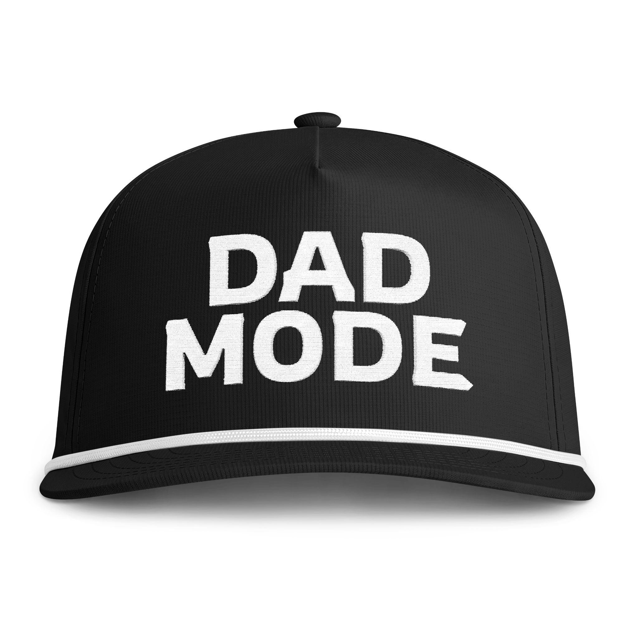 Image of a black hat with white embroidery reading "Dad Mode"
