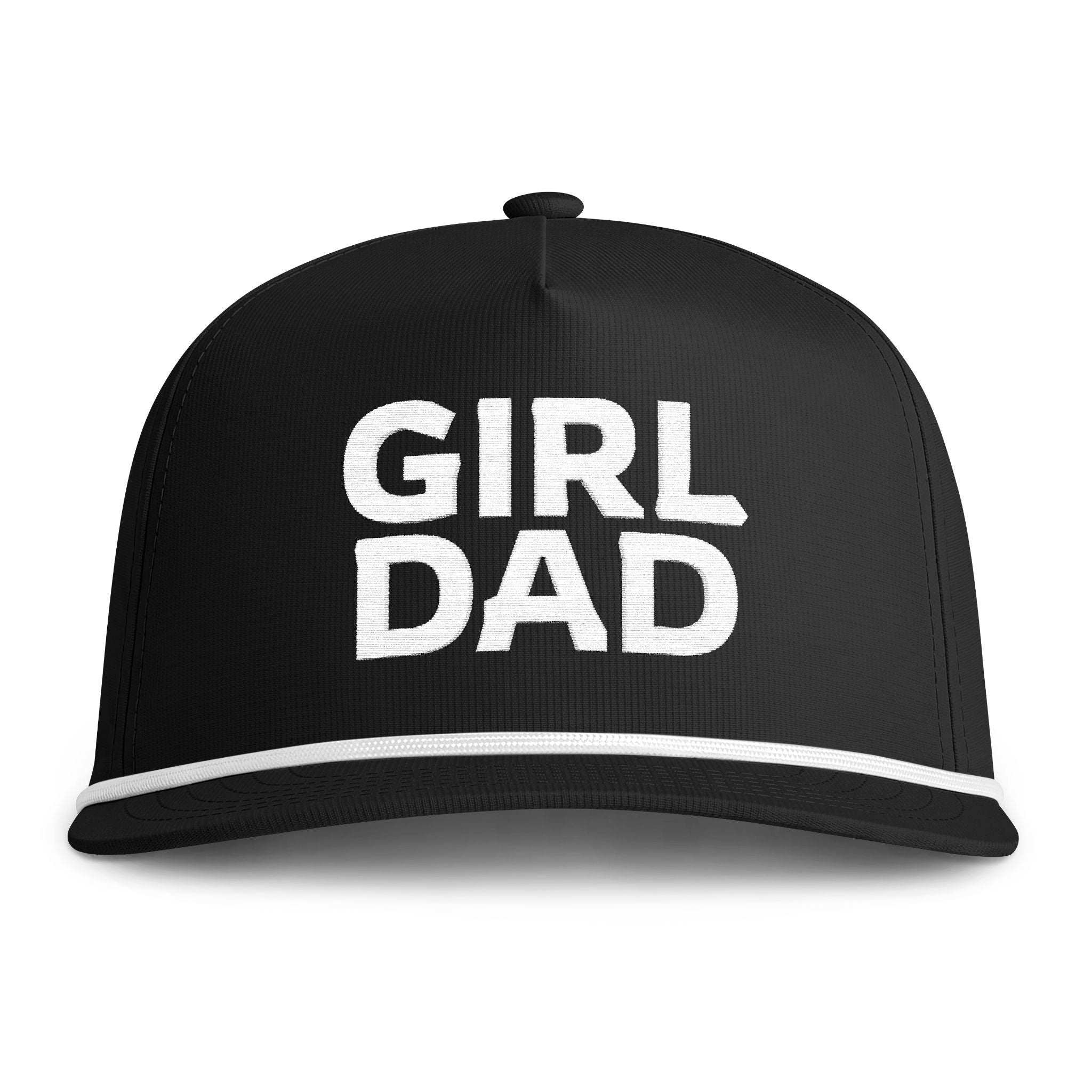 Image of a black hat with white embroidery reading "Girl Dad"