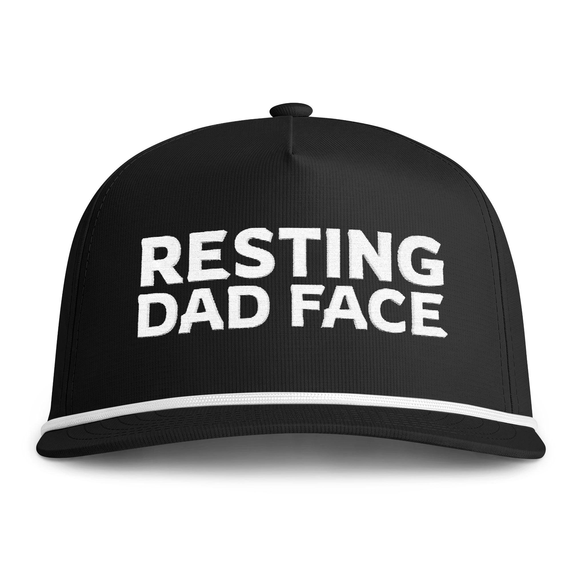 Image of a black hat with white embroidery reading "Resting Dad Face"