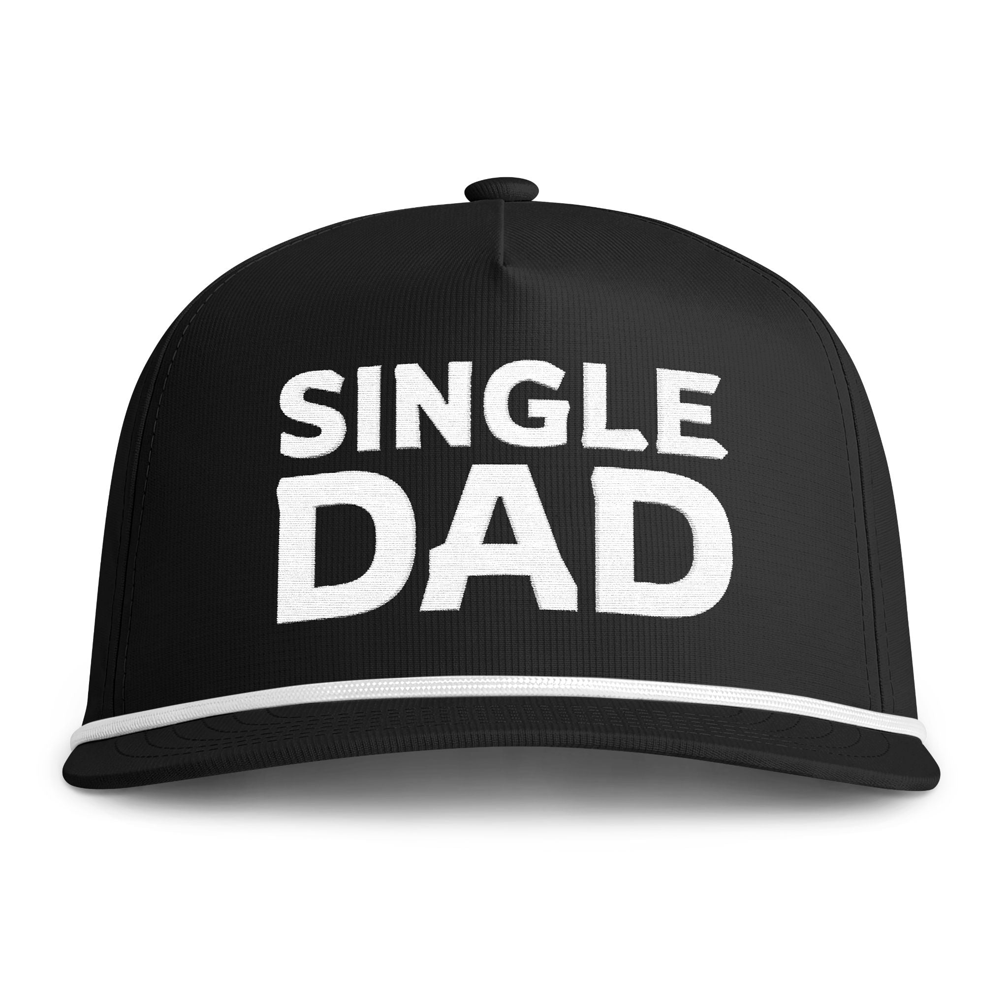 Image of a black hat with white embroidery reading "Single Dad"