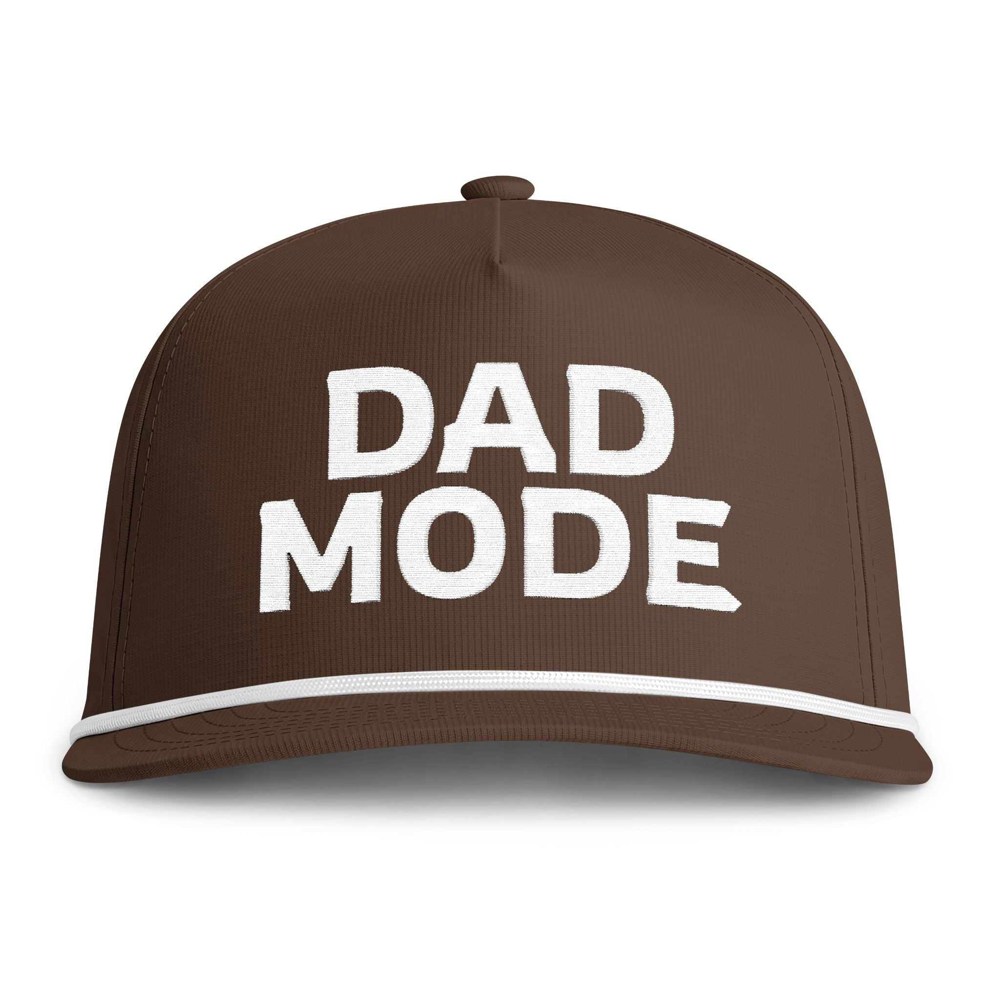 Image of an espresso hat with white embroidery reading "Dad Mode"