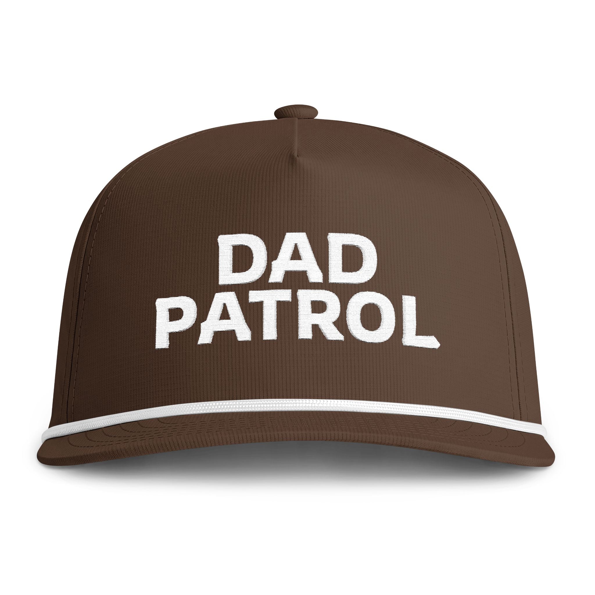 Image of an espresso colored hat with white embroidery reading "Dad Patrol"