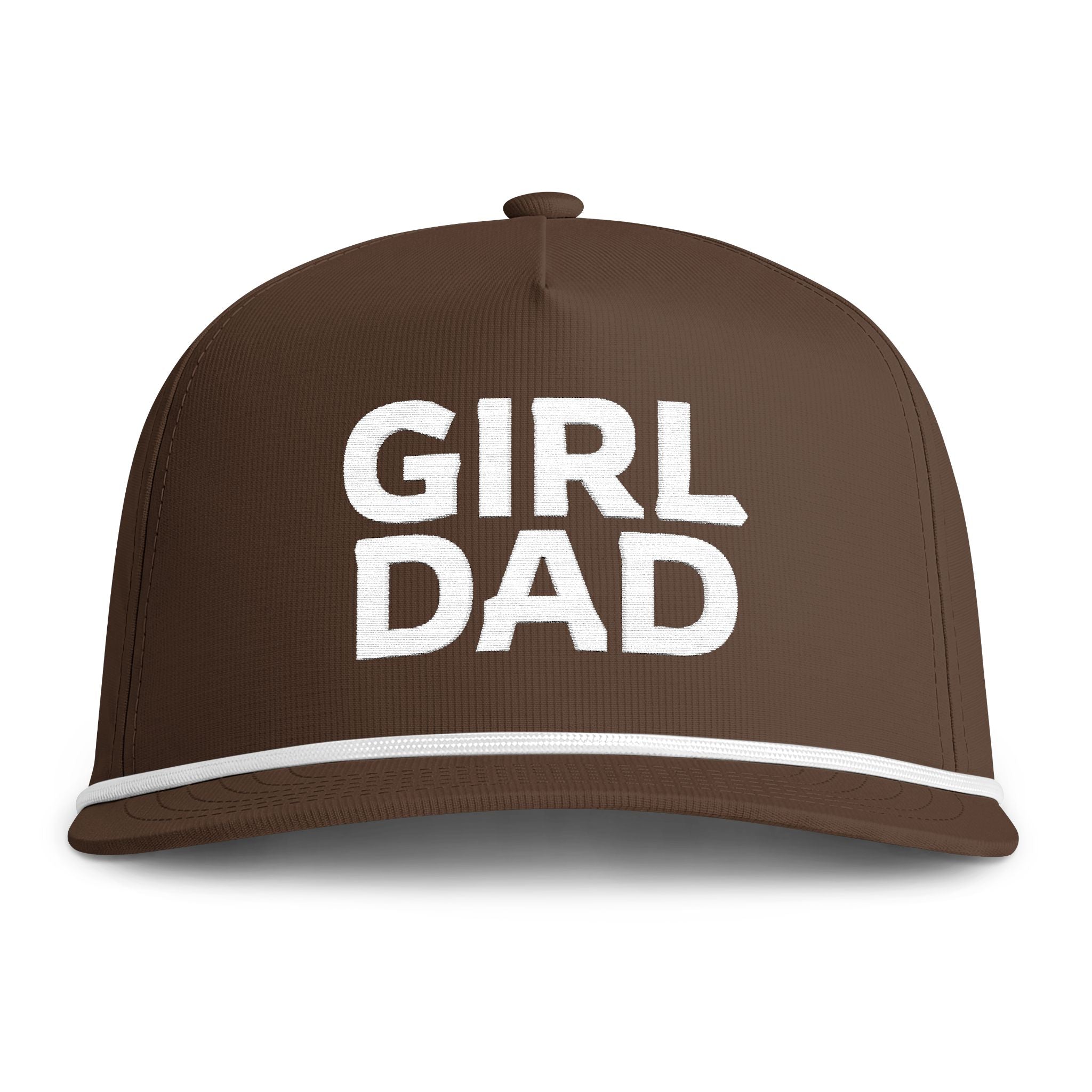 Image of an espresso hat with white embroidery reading "Girl Dad"