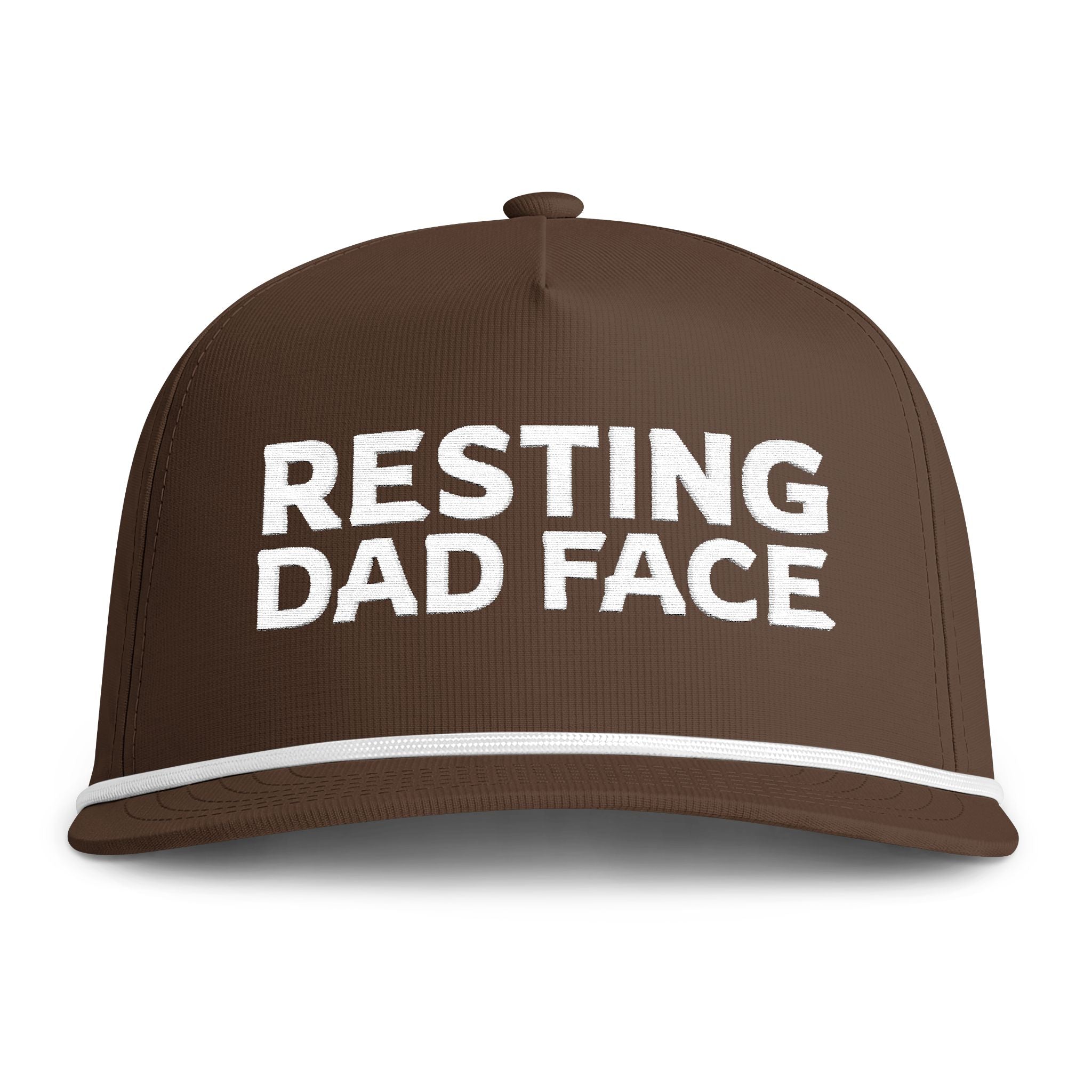 Image of an espresso hat with white embroidery reading "Resting Dad Face"