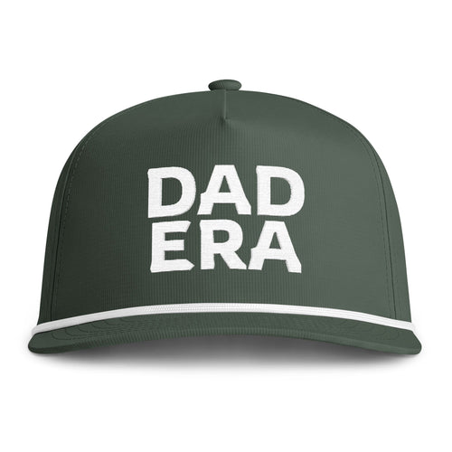 Image of a green hat with white embroidery reading "Dad Era"