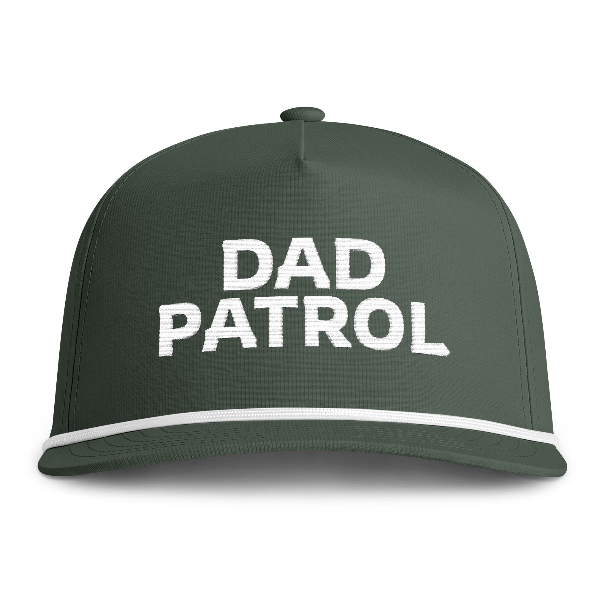 Image of a green hat with white embroidery reading "Dad Patrol"