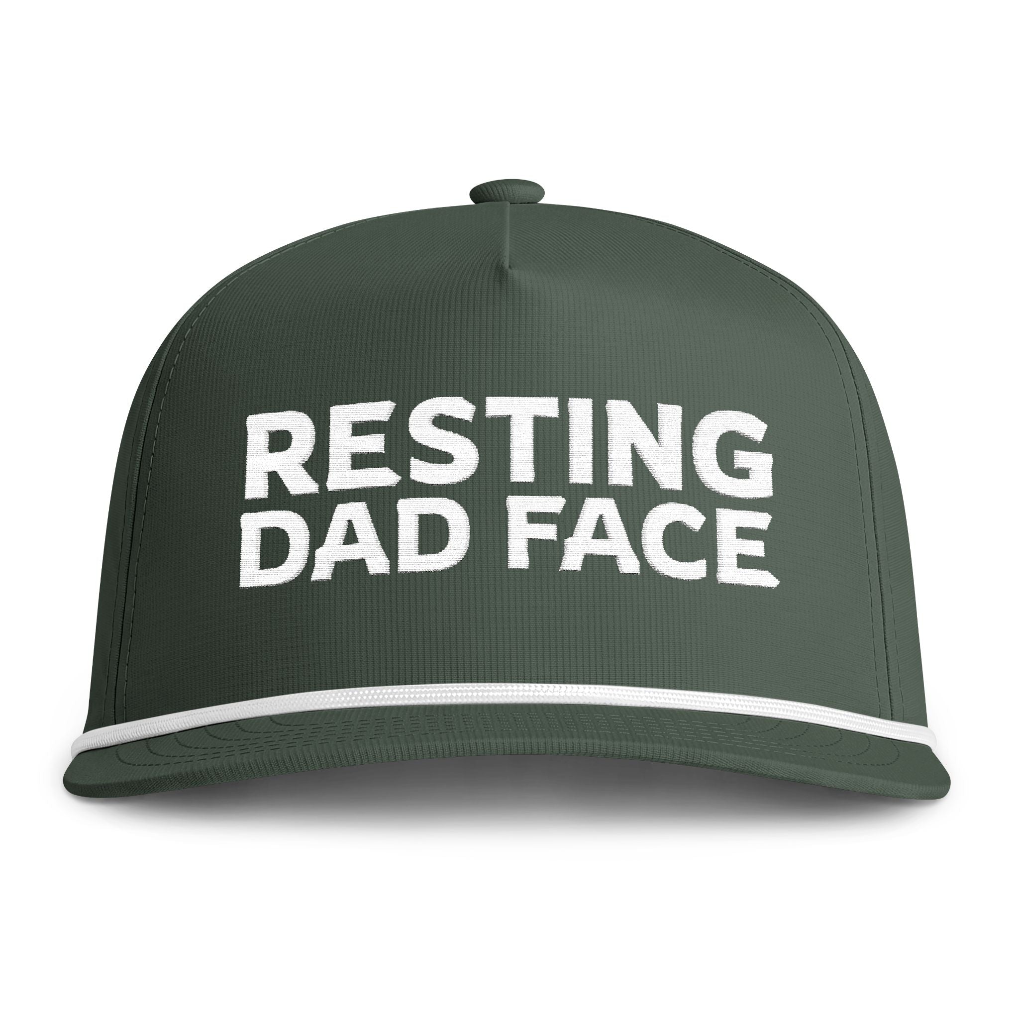 Image of a green hat with white embroidery reading "Resting Dad Face"