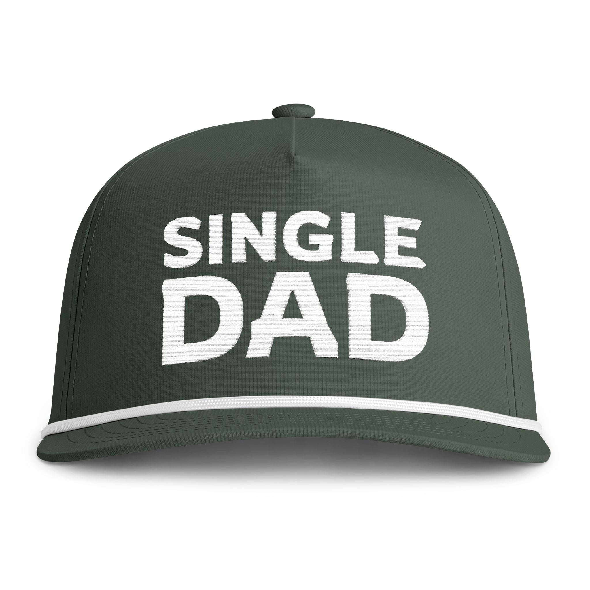 Image of a green hat with white embroidery reading "Single Dad"