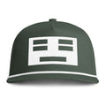 Image of a green hat with a white face icon embroidery