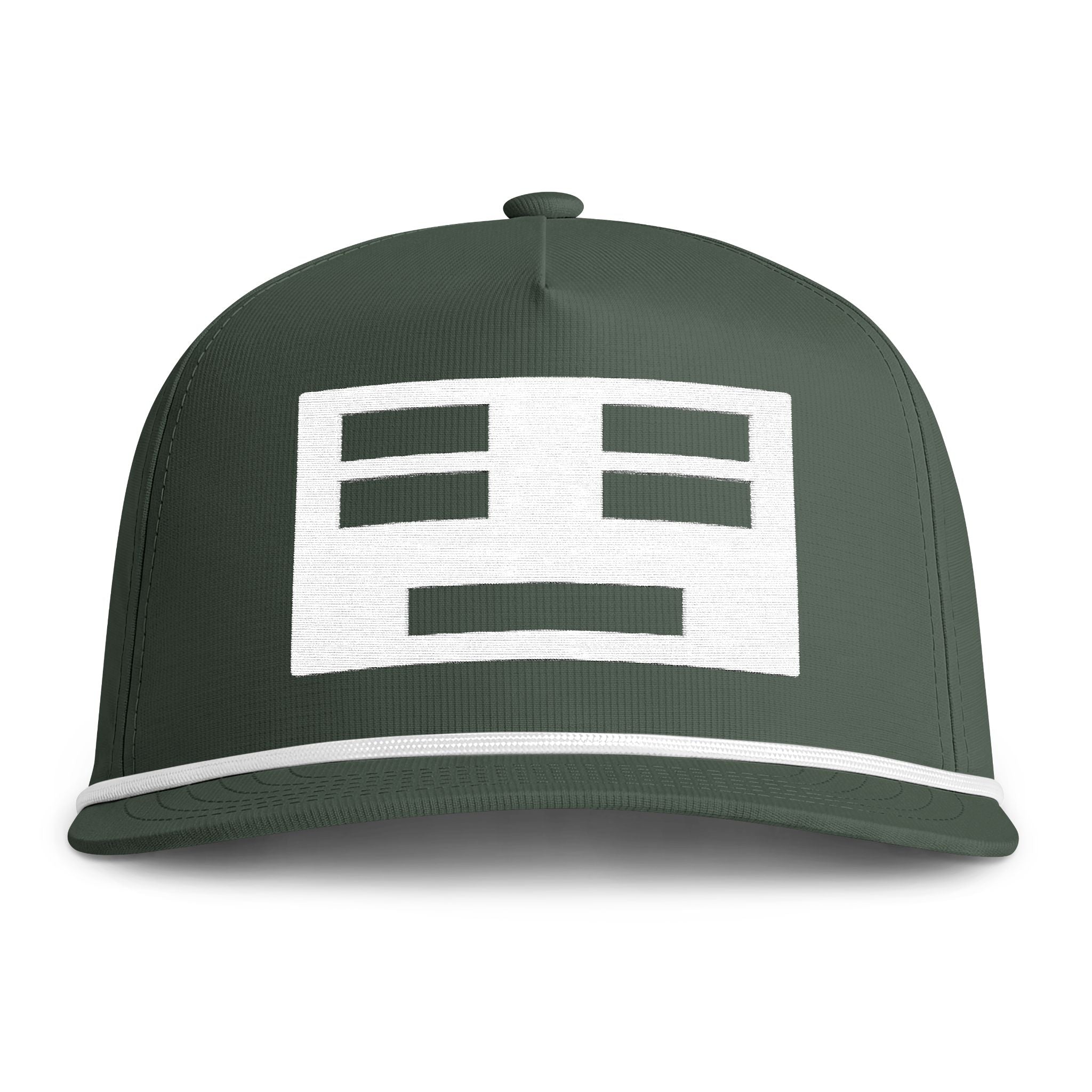 Image of a green hat with a white face icon embroidery