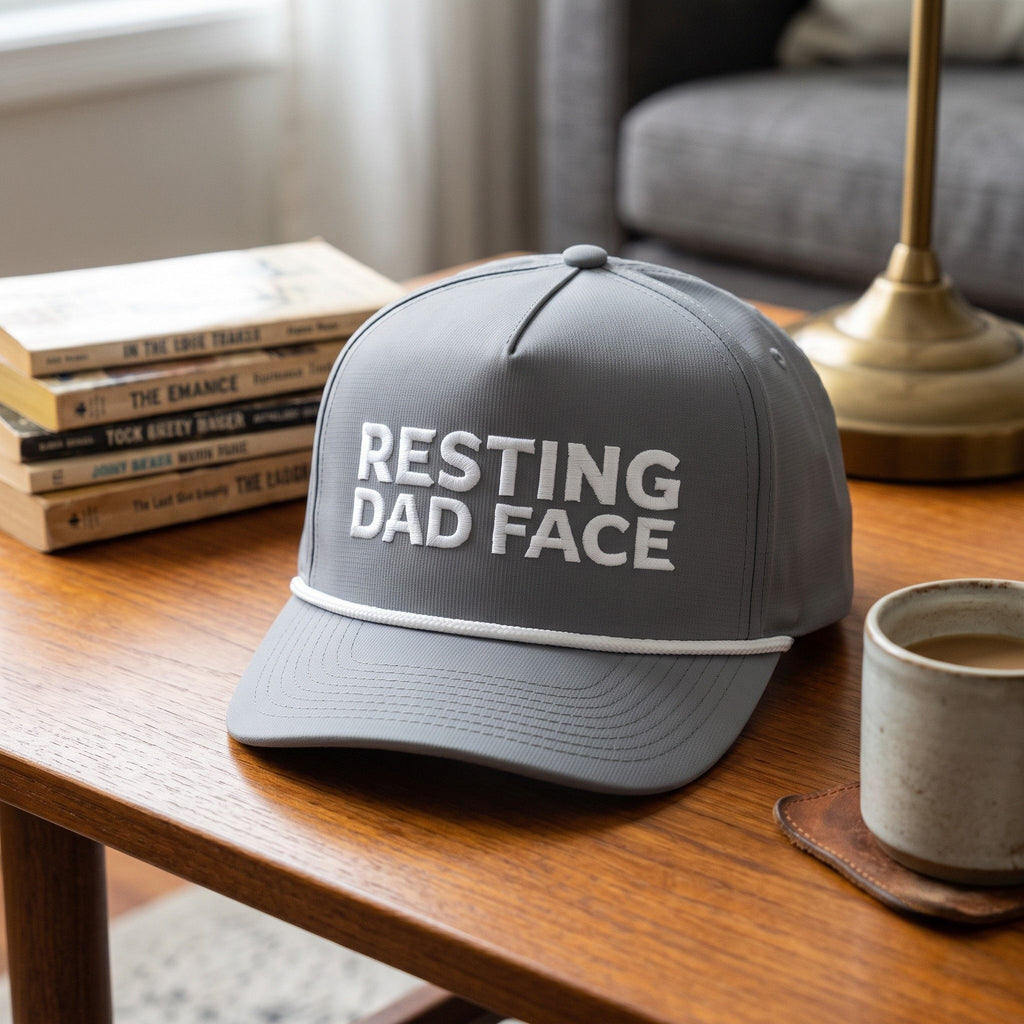 Image of a grey cap with Resting Dad Face embroidery on a table