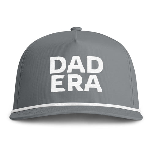 Image of a grey hat with white embroidery reading "Dad Era"